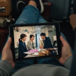 Woman watching KDrama offline on tablet during flight