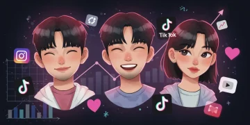 Three KDrama stars with social media icons and upward trending graph.