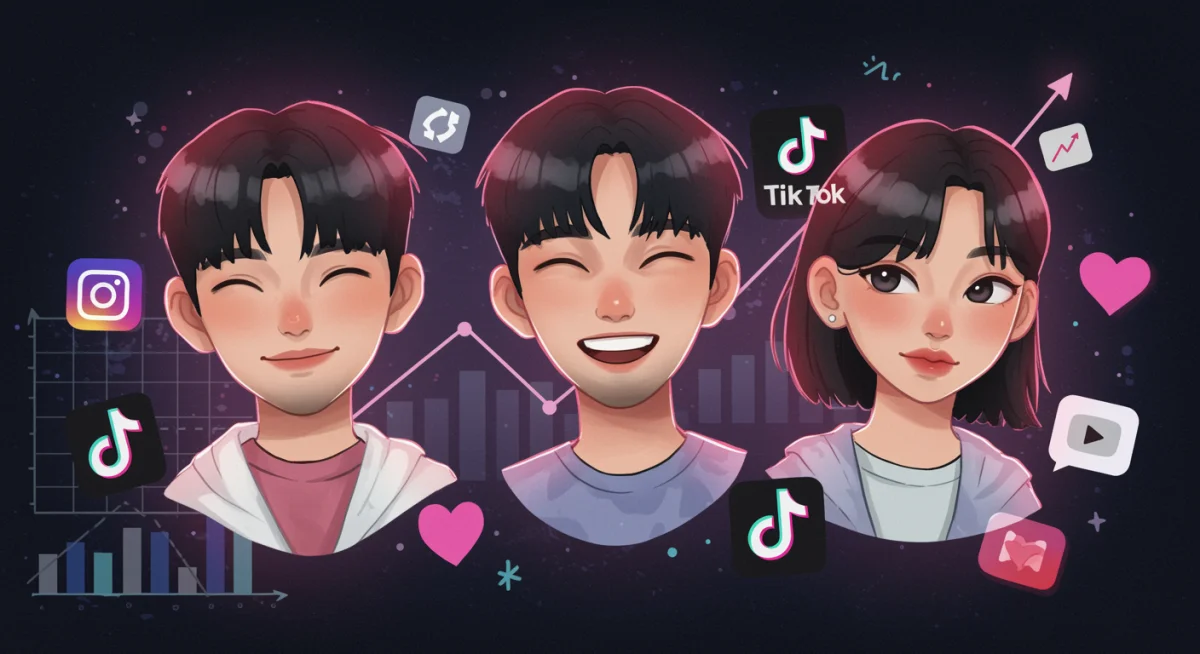 Three KDrama stars with social media icons and upward trending graph.