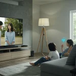 Family enjoying KDrama streaming on a large TV, with a modern router visible, representing optimized home network for entertainment.