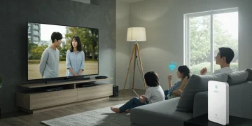 Family enjoying KDrama streaming on a large TV, with a modern router visible, representing optimized home network for entertainment.