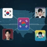 Futuristic interface showcasing KDrama streaming apps with a US map overlay.