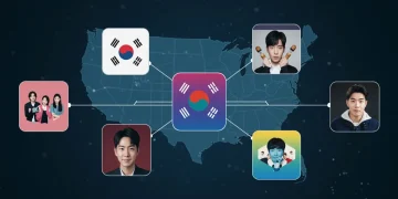 Futuristic interface showcasing KDrama streaming apps with a US map overlay.