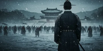 Crown Prince Lee Chang facing zombie hordes in a snow-covered Joseon, symbolizing his crucial ultimatum and the unfolding apocalypse.