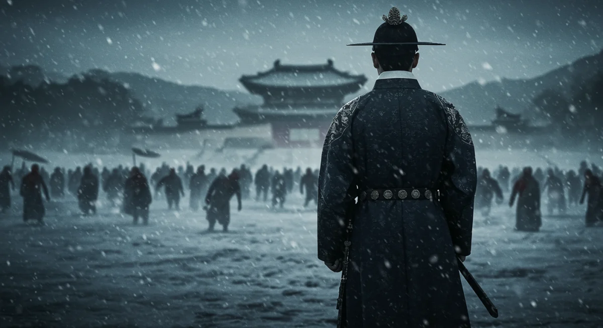 Crown Prince Lee Chang facing zombie hordes in a snow-covered Joseon, symbolizing his crucial ultimatum and the unfolding apocalypse.