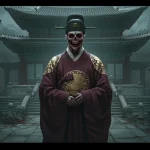 Ancient Korean royal figure with subtle undead characteristics in a decaying palace, hinting at hidden horror.