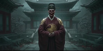 Ancient Korean royal figure with subtle undead characteristics in a decaying palace, hinting at hidden horror.