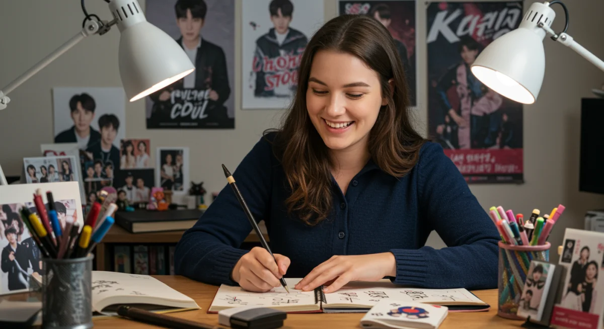 Young woman practicing Korean writing inspired by K-dramas