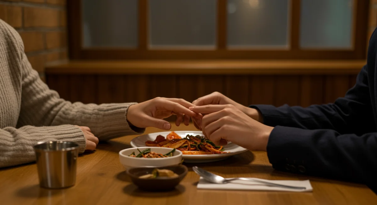 Couple's hands touching over a meal, symbolizing affection in Korean dating.