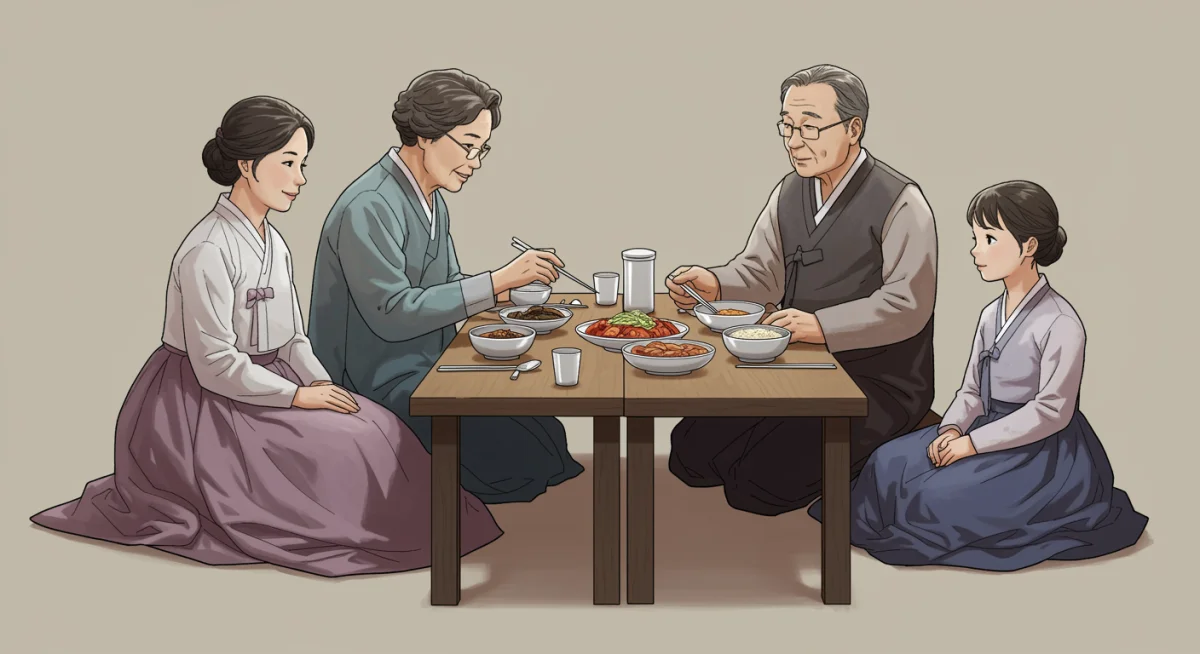 Korean family demonstrating dining etiquette and respect for elders.