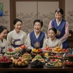 Korean family in hanbok celebrating Chuseok or Seollal with traditional food and games, reflecting K-drama scenes.