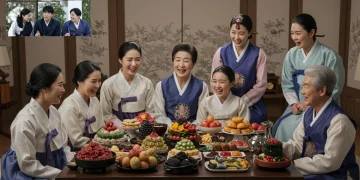 Korean family in hanbok celebrating Chuseok or Seollal with traditional food and games, reflecting K-drama scenes.