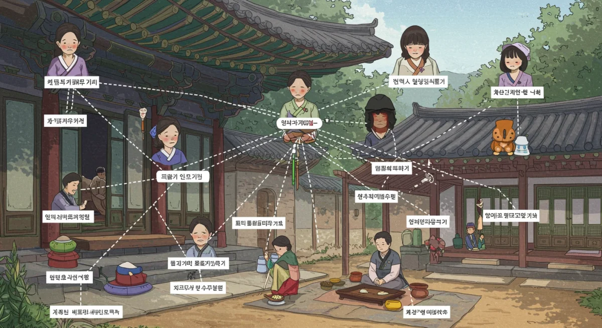 Intricate Korean family tree illustrating complex relationships and hierarchies.
