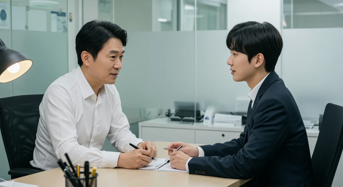 Korean colleagues demonstrating indirect communication and attentive listening in a modern office.