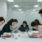 Korean office professionals bowing to a senior colleague, representing workplace hierarchy.