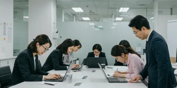 Korean office professionals bowing to a senior colleague, representing workplace hierarchy.