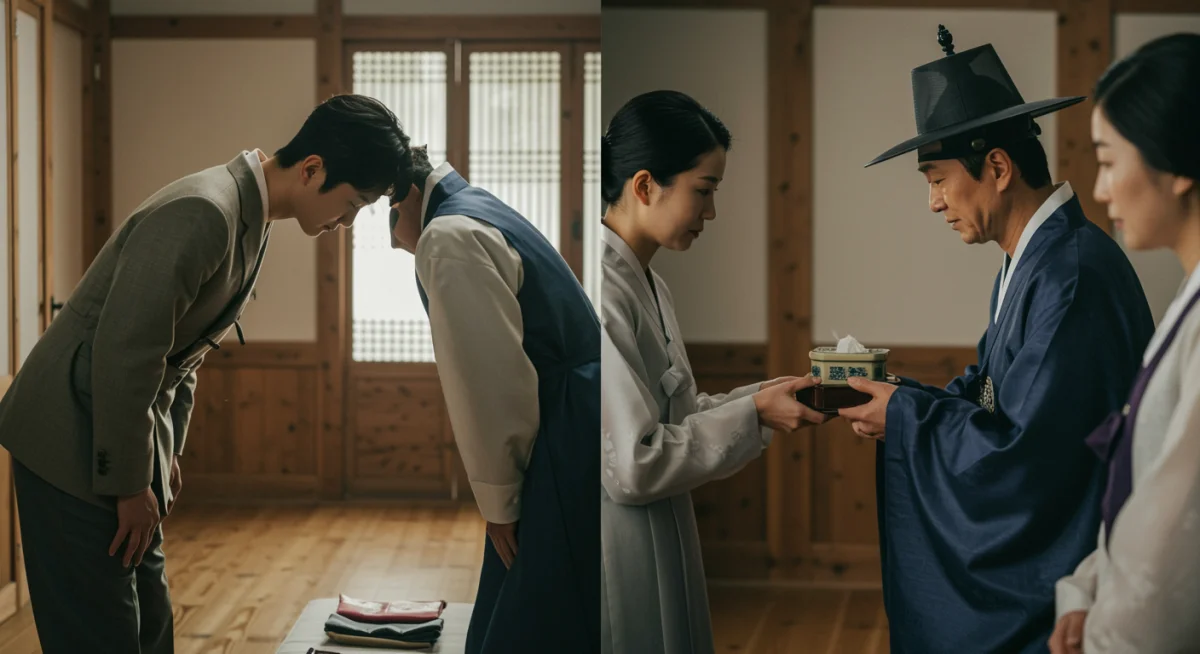 Korean cultural gestures of respect and hierarchy, bowing and two-handed receiving