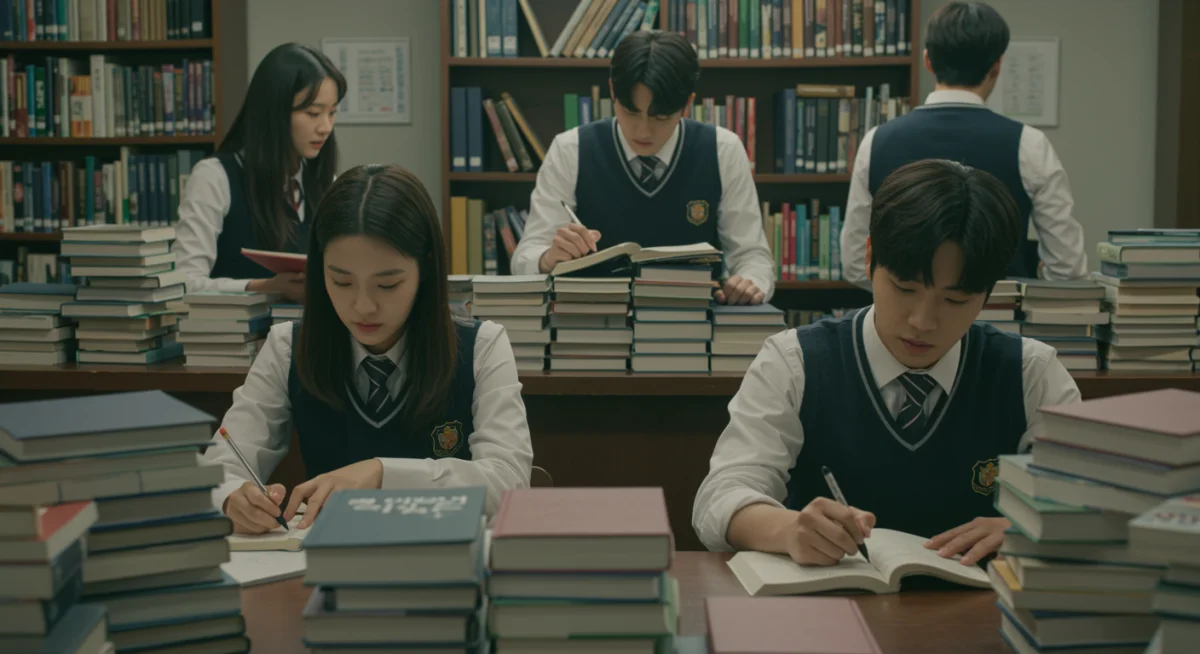 Korean high school students studying in a library, wearing uniforms