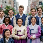Young Americans proudly wearing modern Hanbok designs, showcasing cultural fusion.