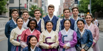 Young Americans proudly wearing modern Hanbok designs, showcasing cultural fusion.