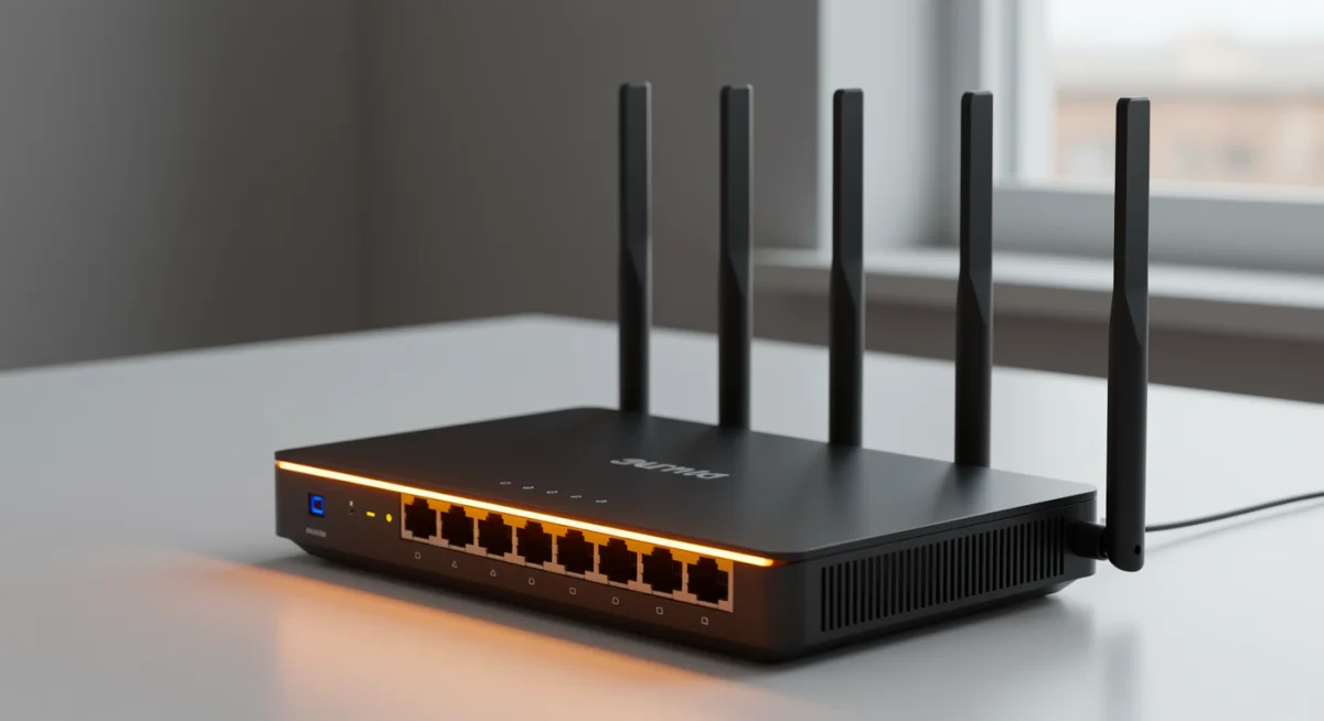 Modern Wi-Fi 6 router with multiple antennas, symbolizing advanced network technology for improved streaming performance.