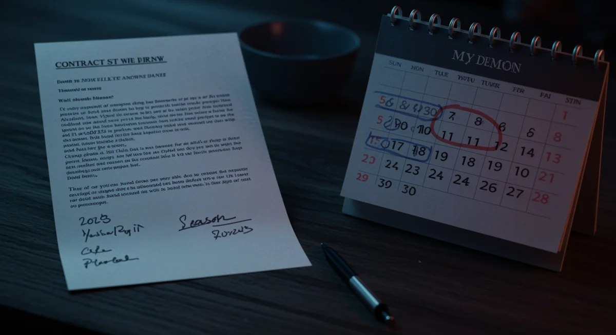 Contract document with highlighted clauses and a 2025 calendar, indicating My Demon Season 2 possibilities