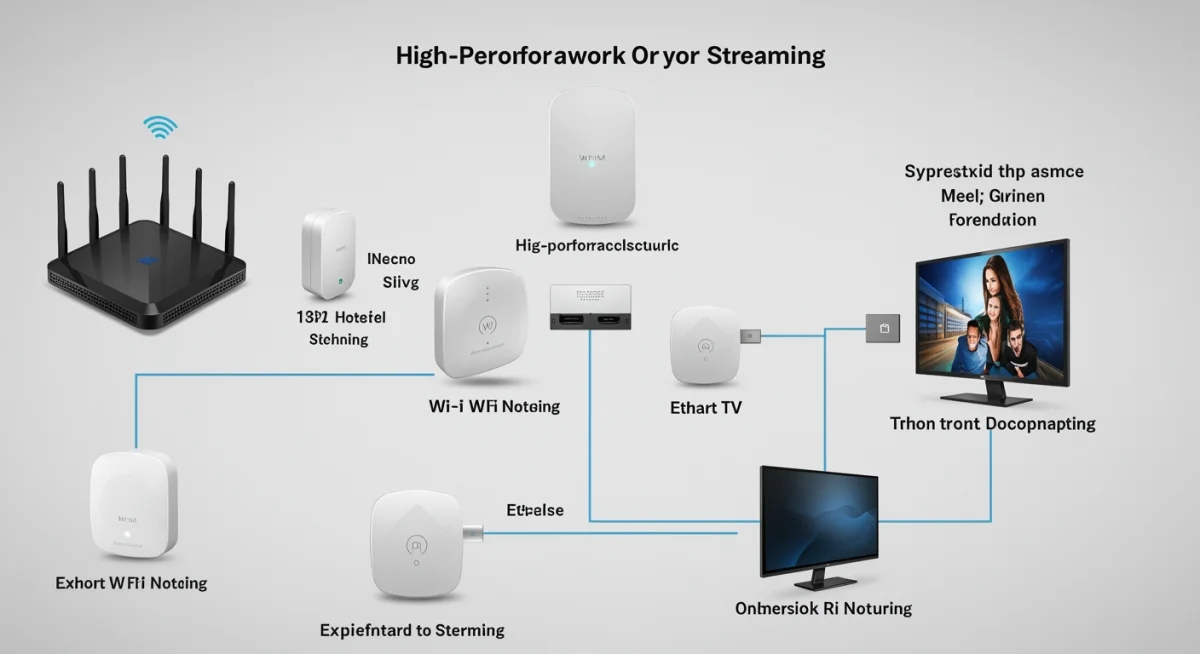 Home network diagram showing optimized setup for streaming with router, mesh Wi-Fi, and Ethernet.