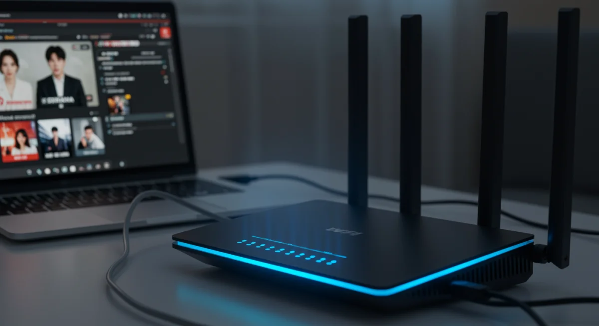 Modern Wi-Fi router with strong signal, symbolizing stable internet for KDrama streaming