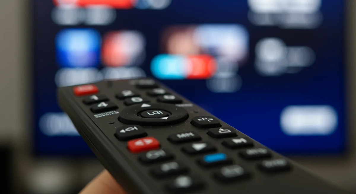 Remote control with highlighted settings button for adjusting subtitle synchronization on streaming services.