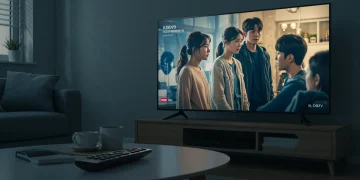 Smart TV displaying a vibrant KDrama scene in a modern living room setting