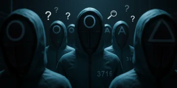 Stylized image of masked Squid Game guards standing ominously, representing season 2 fan theories.