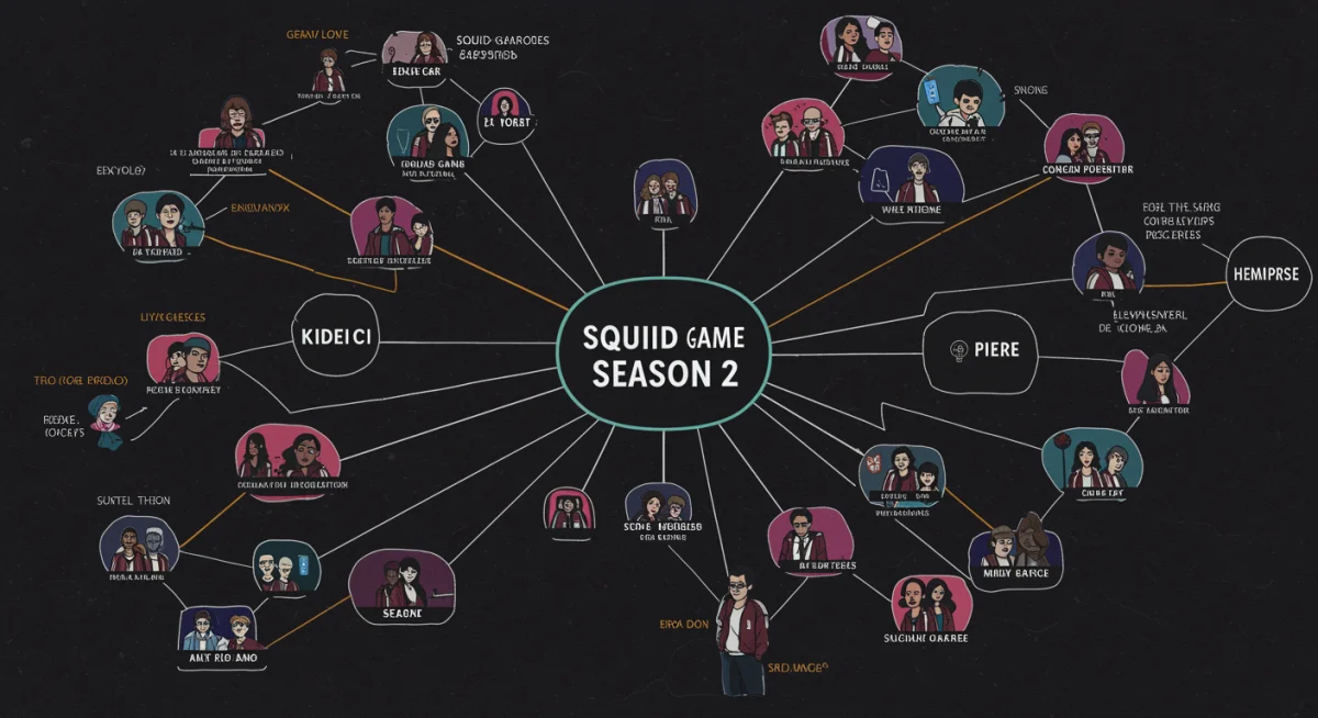 Detailed mind map illustrating connections between various Squid Game Season 2 fan theories and character arcs.