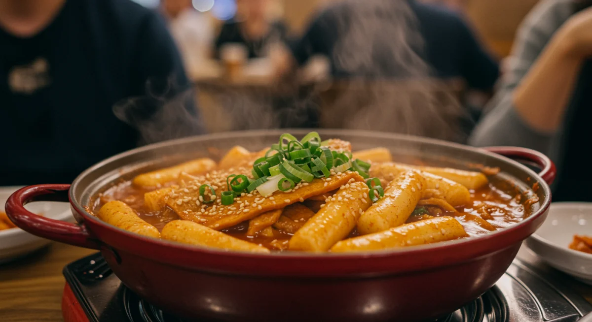 Close-up of spicy tteokbokki, a popular Korean street food.