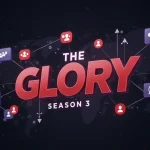Stylized 'The Glory' Season 3 logo with abstract online forum elements, representing fan engagement and financial impact.