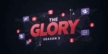 Stylized 'The Glory' Season 3 logo with abstract online forum elements, representing fan engagement and financial impact.