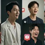 Prominent KDrama actors with high fan engagement in 2025, surrounded by digital fan interactions and global reach indicators.