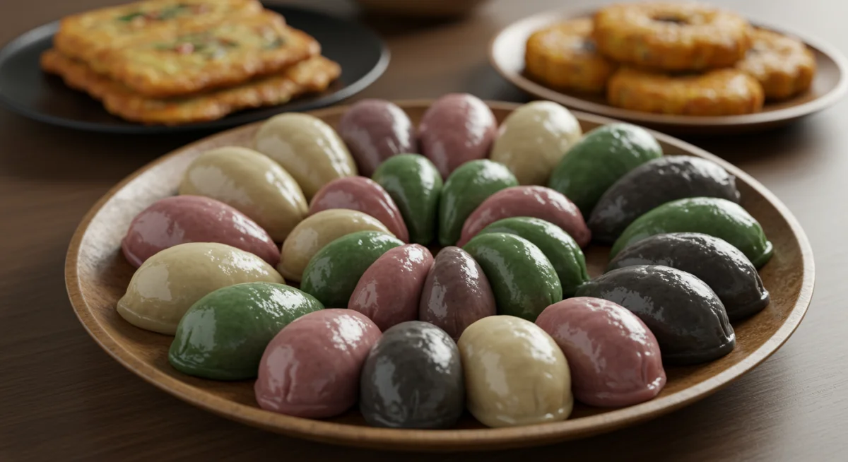 Colorful songpyeon rice cakes, a traditional Chuseok food, meticulously arranged on a platter.