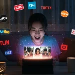 Person watching Korean drama on tablet with streaming logos