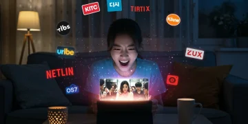 Person watching Korean drama on tablet with streaming logos