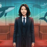 Woo Young-woo confidently stands in a modern courthouse, whales subtly in background, symbolizing her journey and growth.