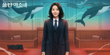 Woo Young-woo confidently stands in a modern courthouse, whales subtly in background, symbolizing her journey and growth.