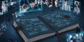 Intricate K-drama plot diagram with character connections and dramatic scenes