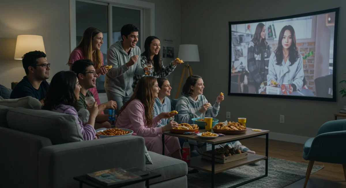 American friends enjoying a K-drama marathon with Korean snacks and drinks in a cozy living room.