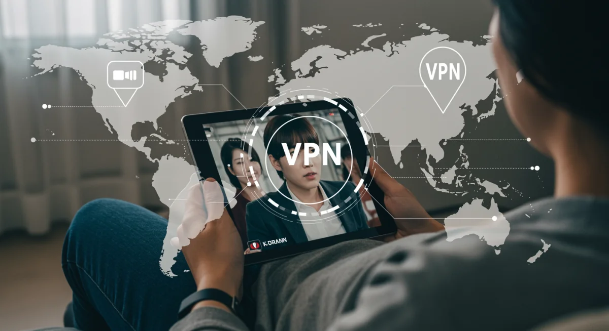 Person watching K-Drama on tablet using VPN to bypass regional restrictions.