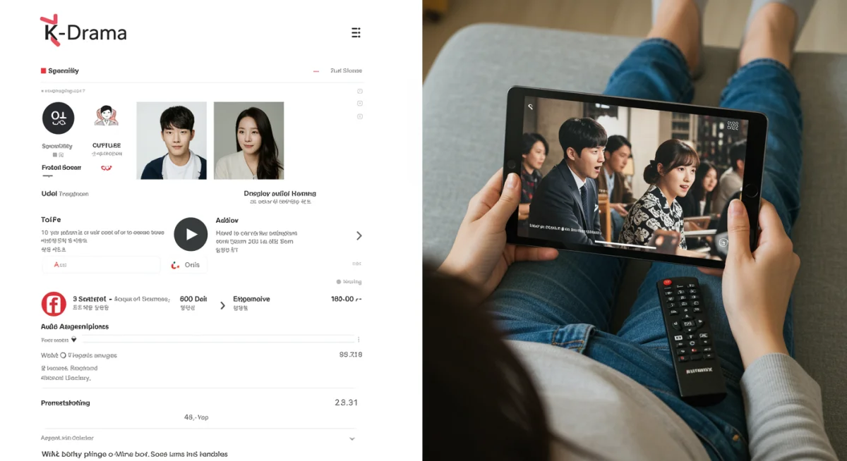 Streaming platform interface showcasing K-Drama accessibility features like subtitles and audio options, with a person enjoying content on a tablet.
