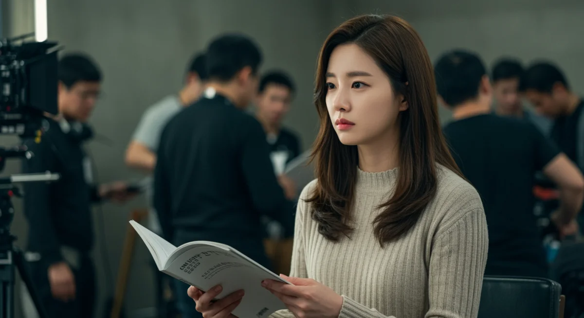 Female K-Drama actress on set of an international collaboration, focused and determined.