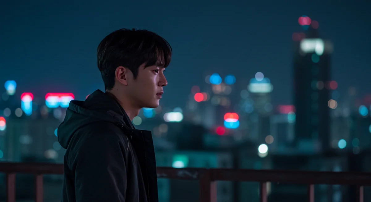 Introspective K-Drama character on a neon-lit rooftop, reflecting on their complex backstory and motivations.
