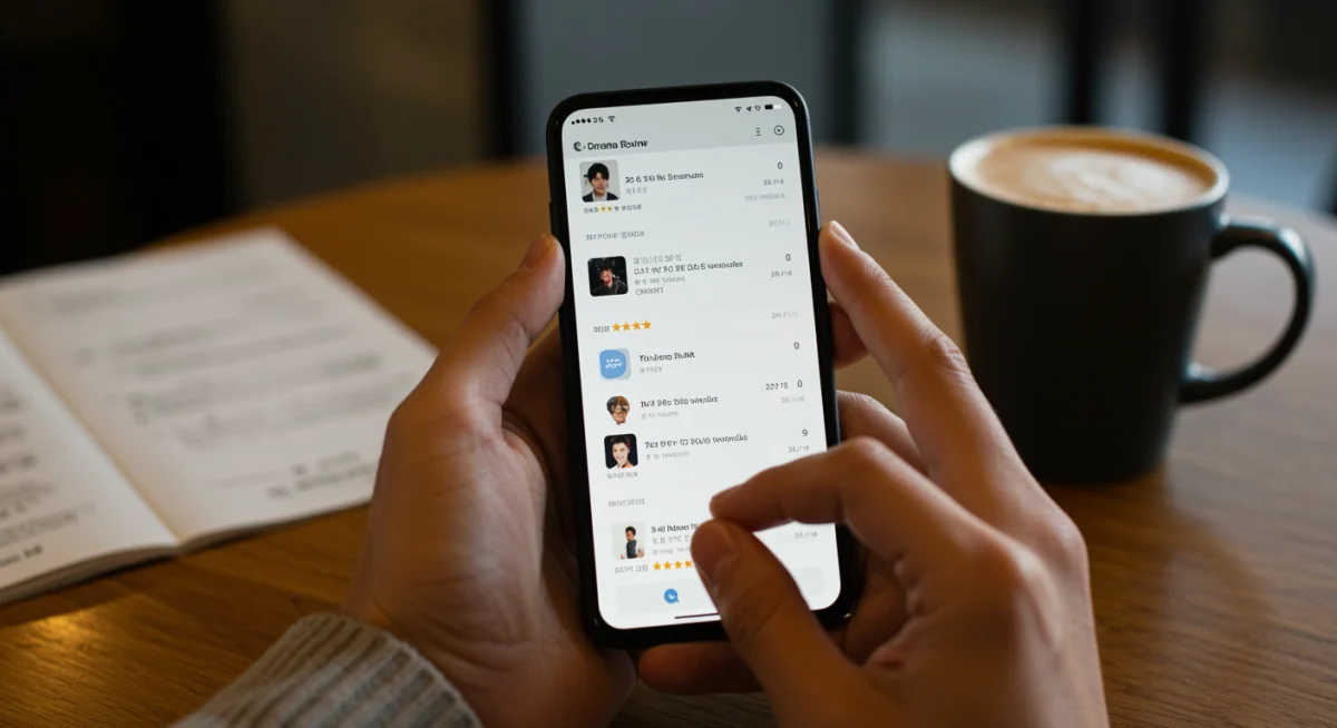 Person engaging with K-Drama online communities and reviews on a smartphone