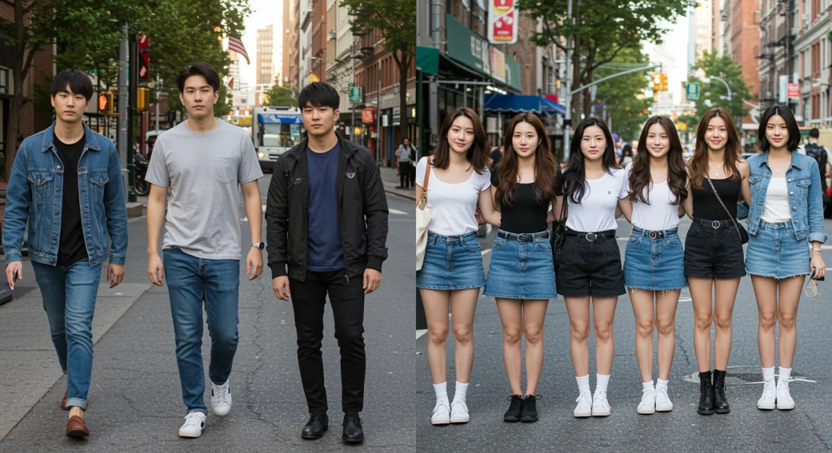 Comparison of American and Korean-inspired fashion, illustrating K-Drama's style influence.