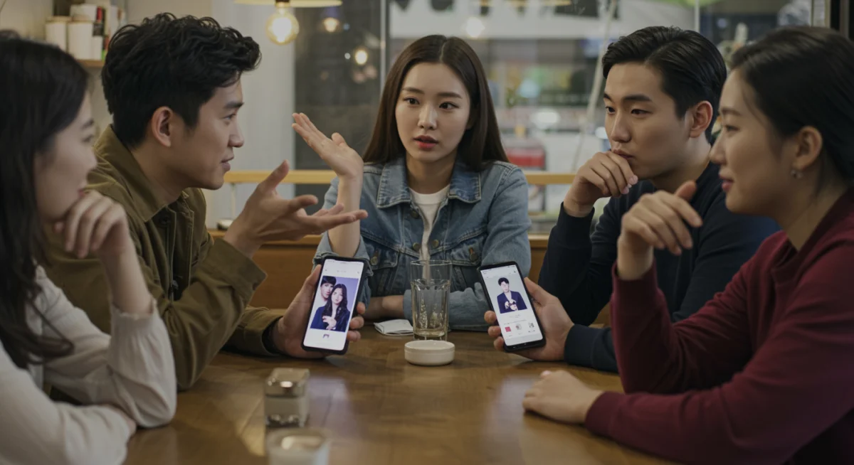 Friends discussing K-Dramas and Korean culture, showing social and linguistic impact.